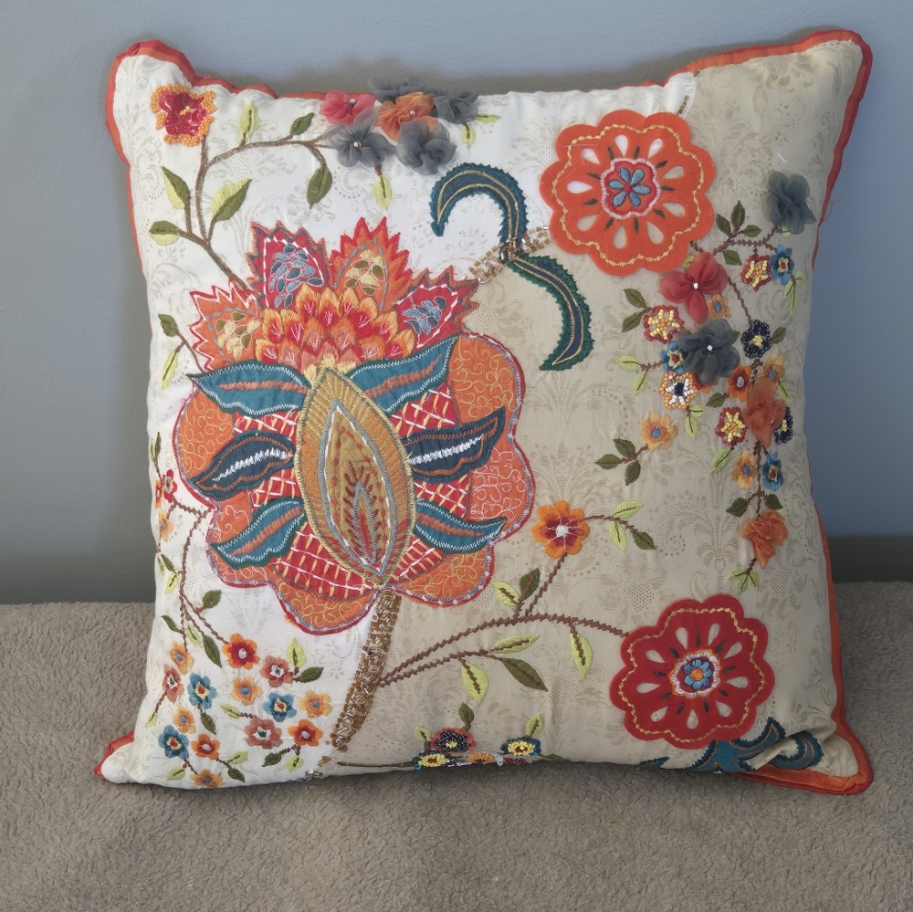 Embroidered Floral Accent Pillow - Orange Multicolor